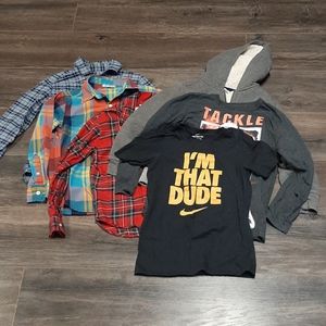 Boys 3 button ups, 1long sleeve, 1 coats, 1 tshirt